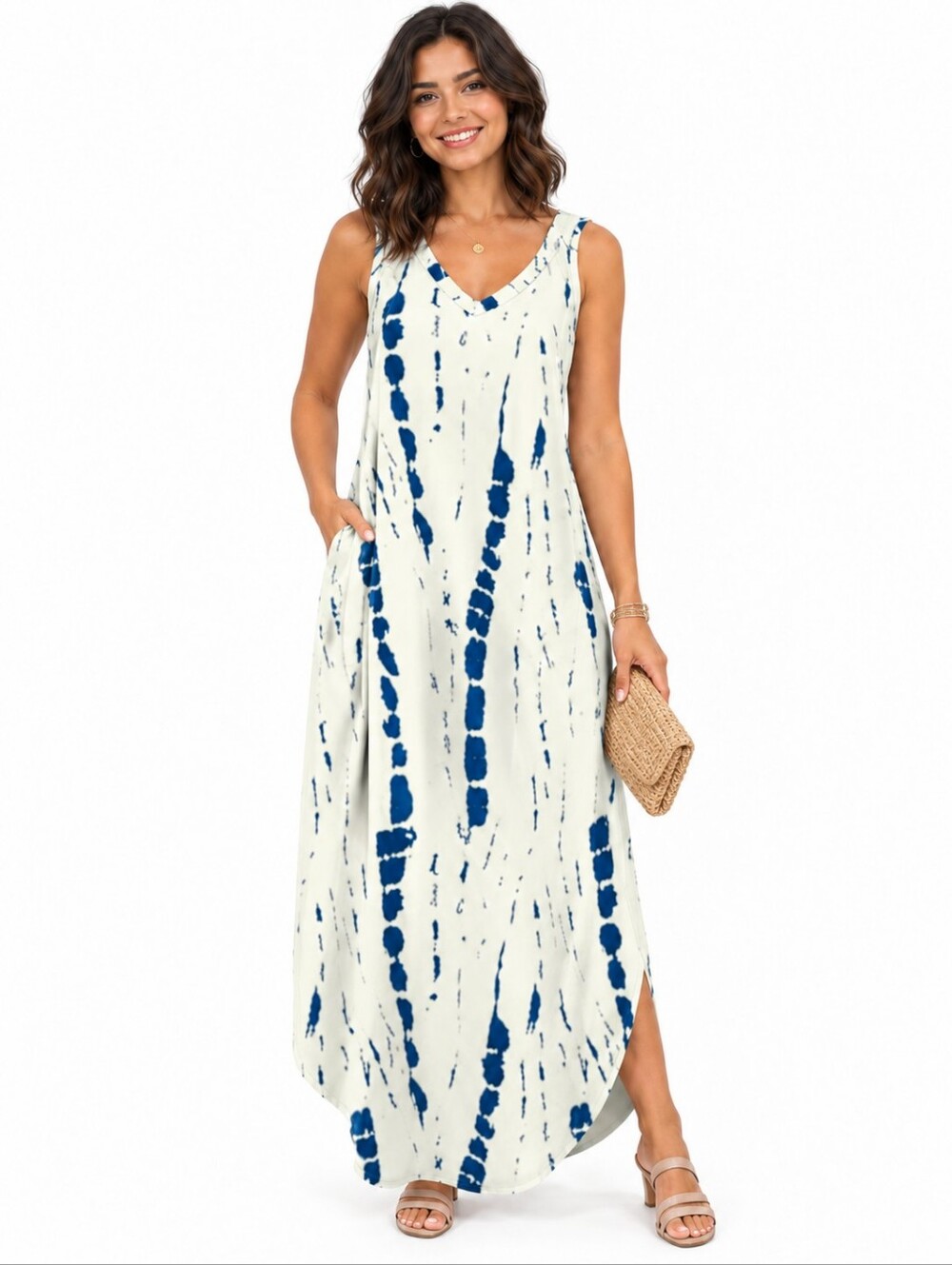 Sampeel Maxi Dress XXL Navy Ivory Tie Dye Sleeveless V Neck Pockets Vacation NWT